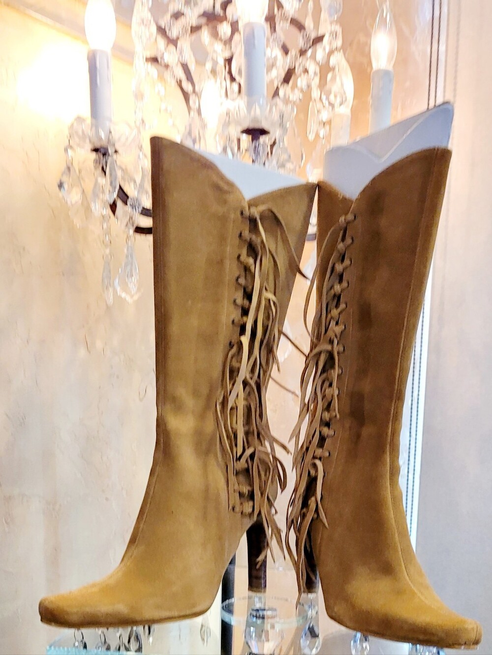 MIA Tan Suede Fringed Tall Western Boots. Y2K Size 6.5 Stiletto Heels 4in - Picture 5 of 17